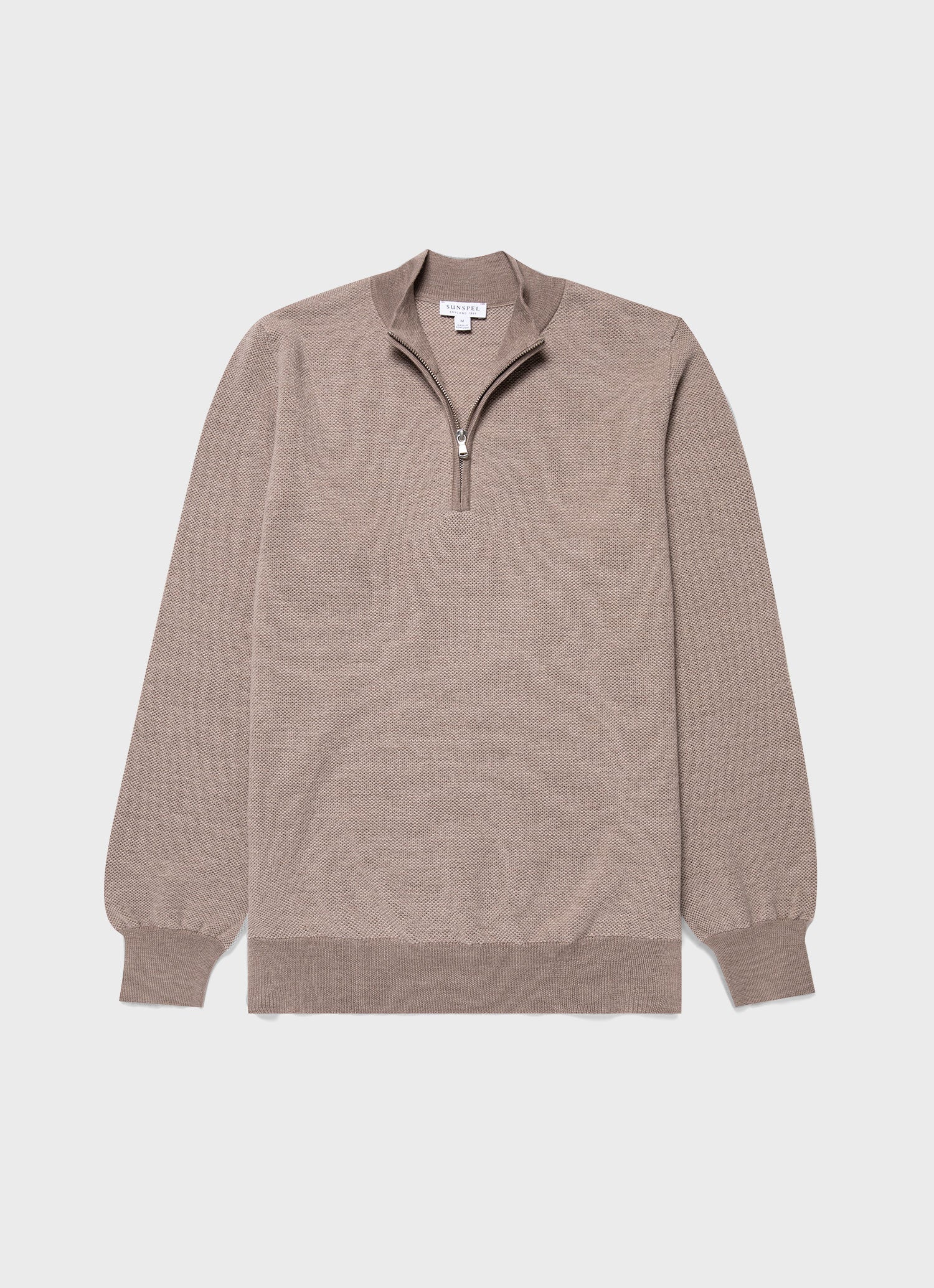 Men's Merino Honeycomb Zip Neck Jumper in Light Sandstone