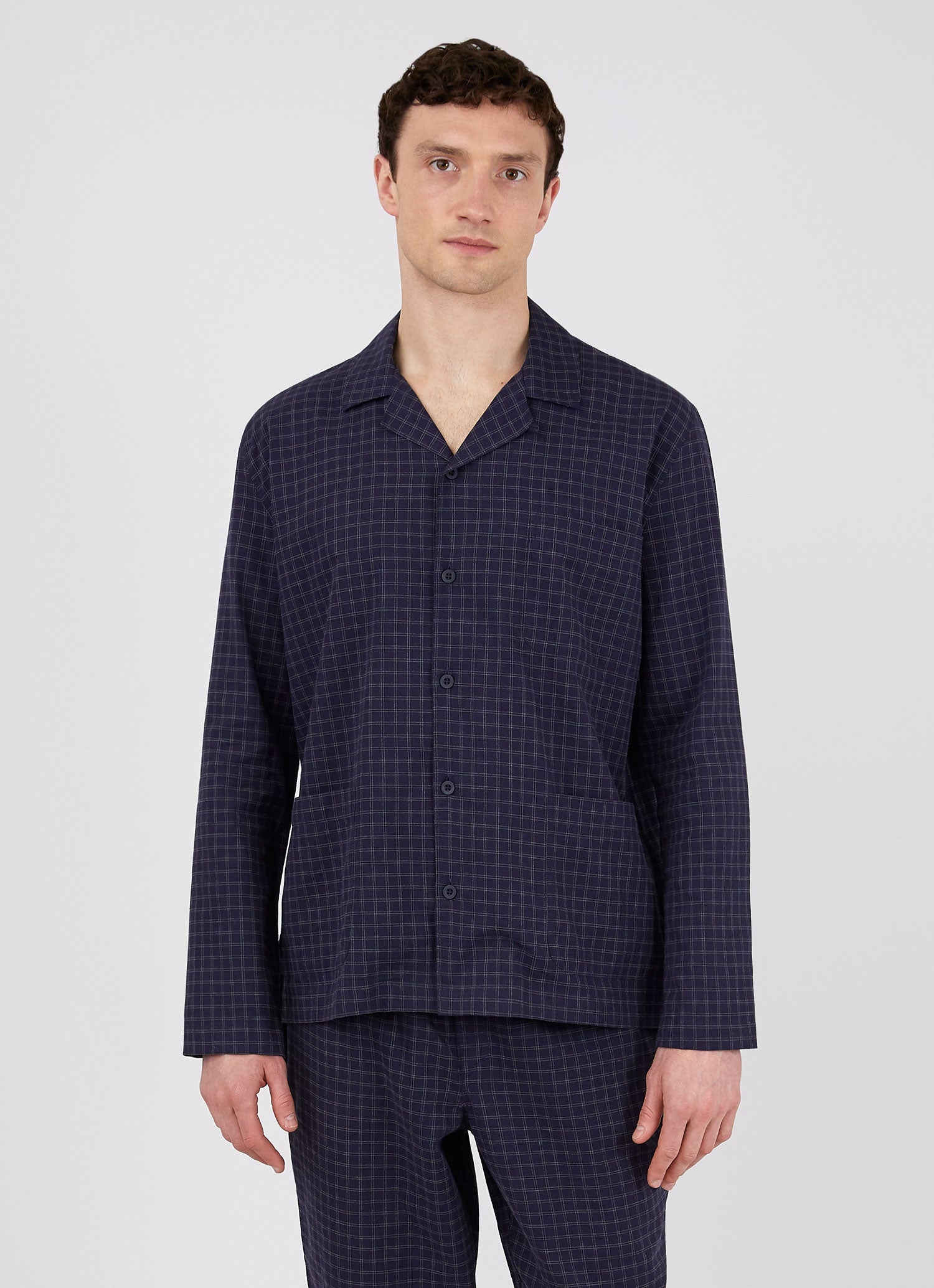 Men's Cotton Flannel Pyjama Shirt in Navy Window Check