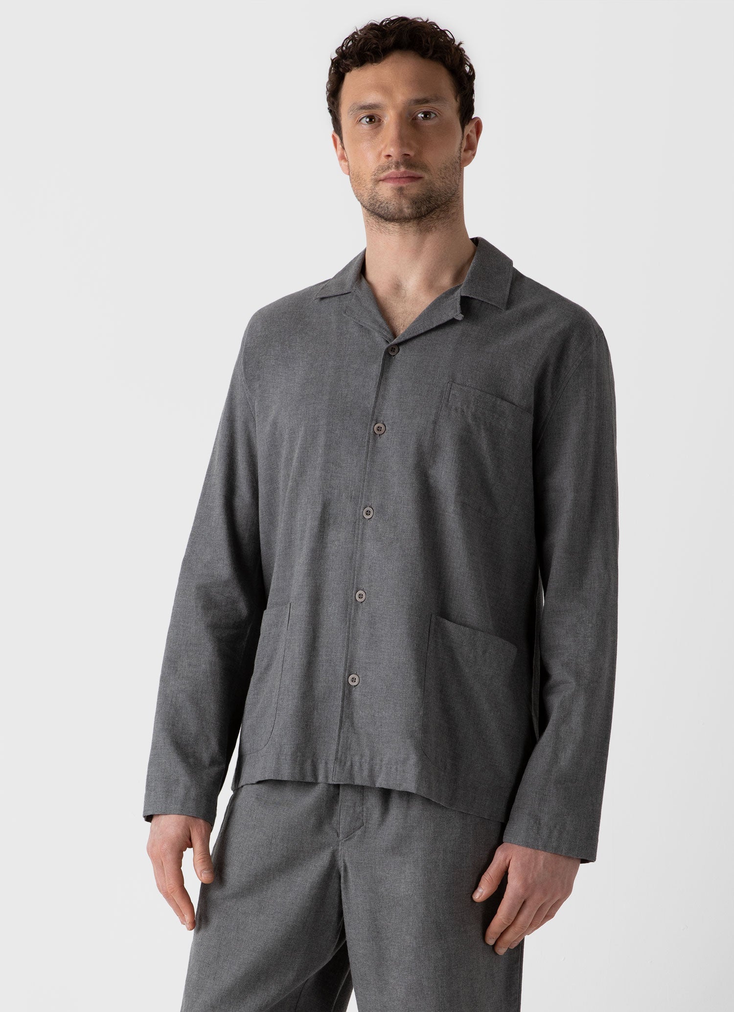 Men's Cotton Flannel Pyjama Shirt in Mid Grey Melange