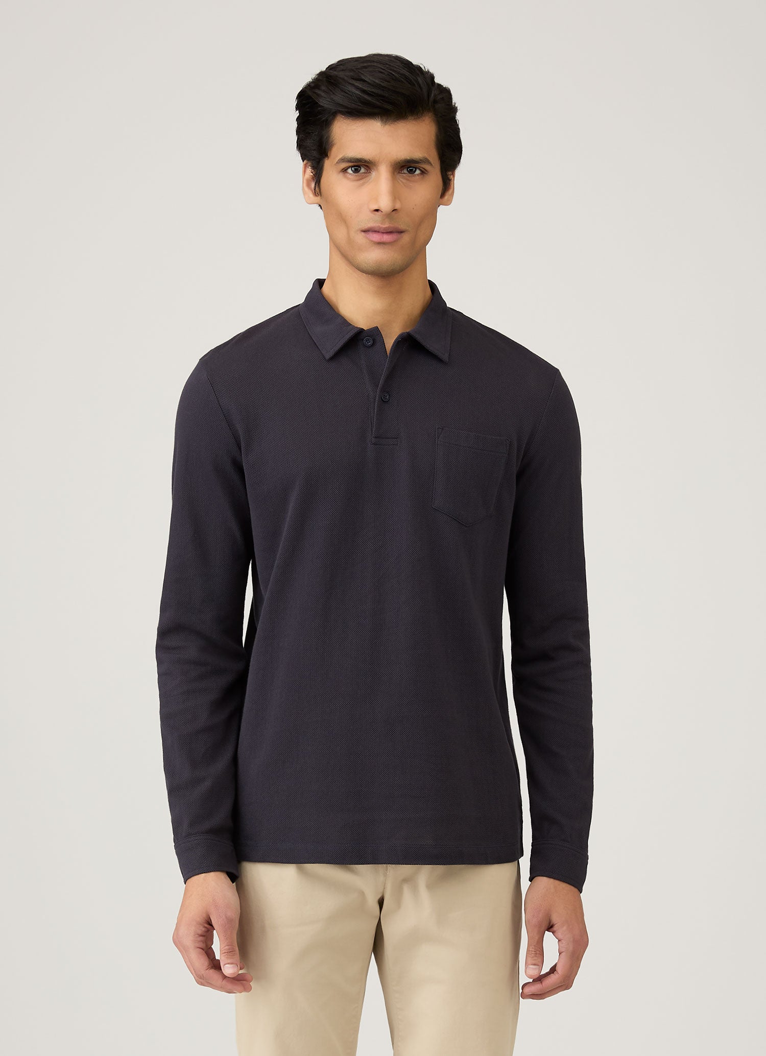 Men's Long Sleeve Riviera Polo Shirt in Navy | Sunspel