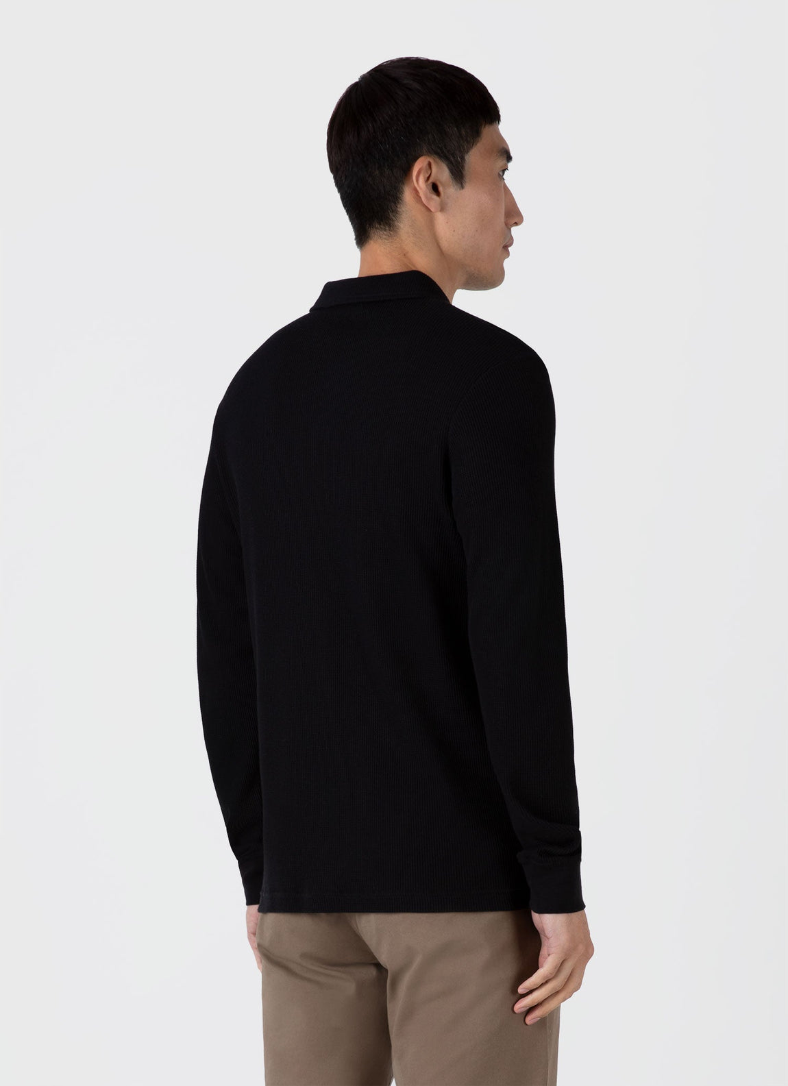 Men's Long Sleeve Waffle Polo Shirt in Black