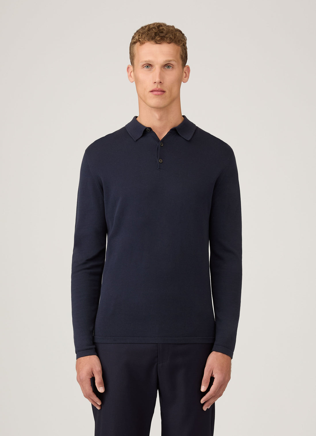 Men's Long Sleeve Sea Island Cotton Knit Polo Shirt in Light Navy