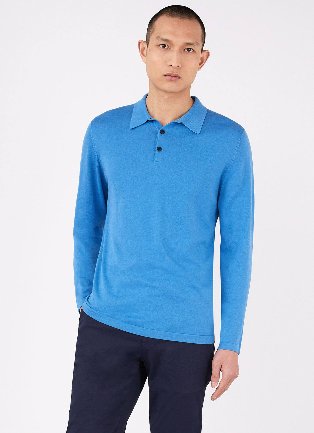 Men's Sea Island Cotton Long Sleeve Polo Shirt in Lake Blue