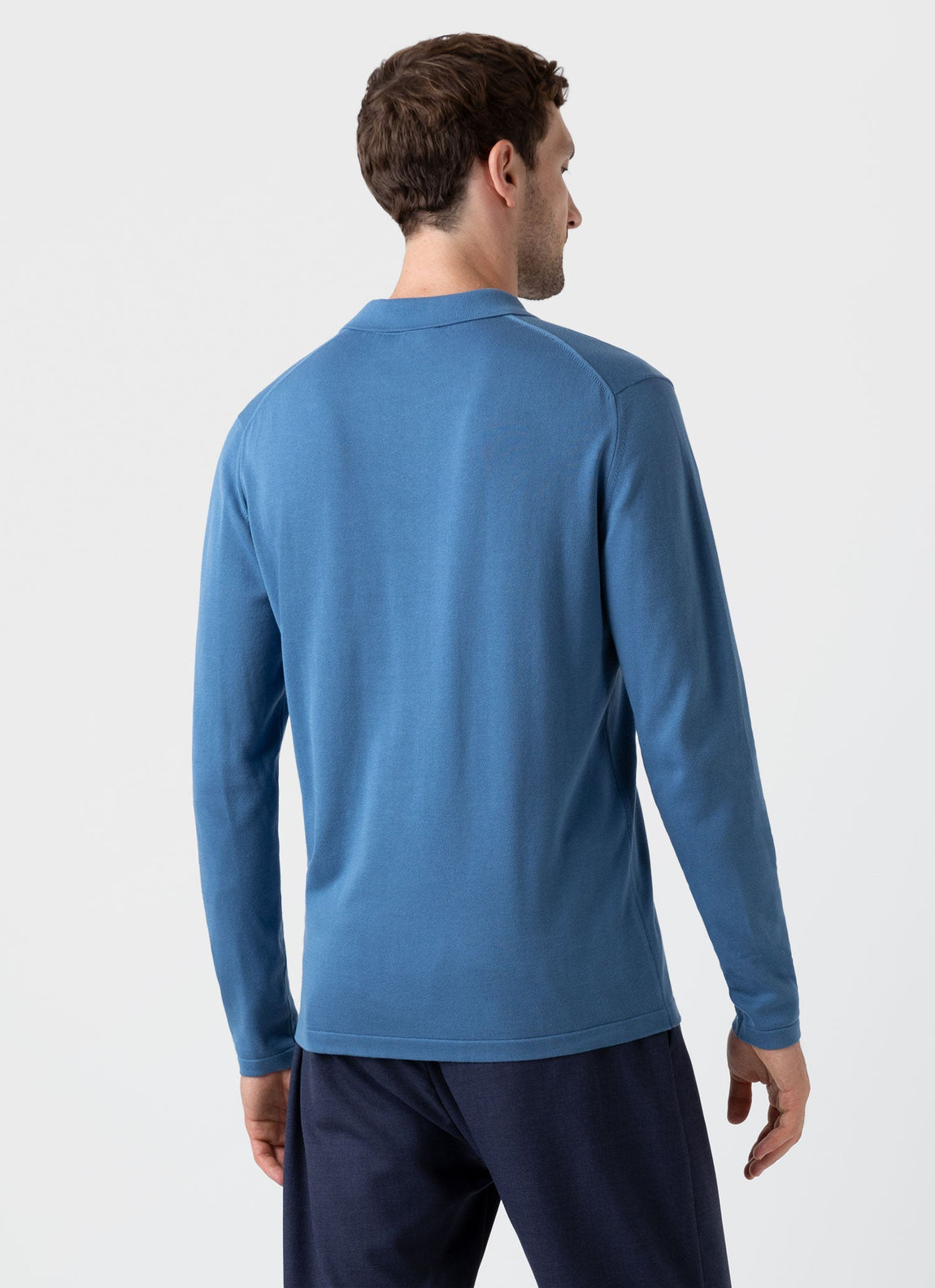Men's Long Sleeve Sea Island Cotton Knit Polo Shirt in Bluestone