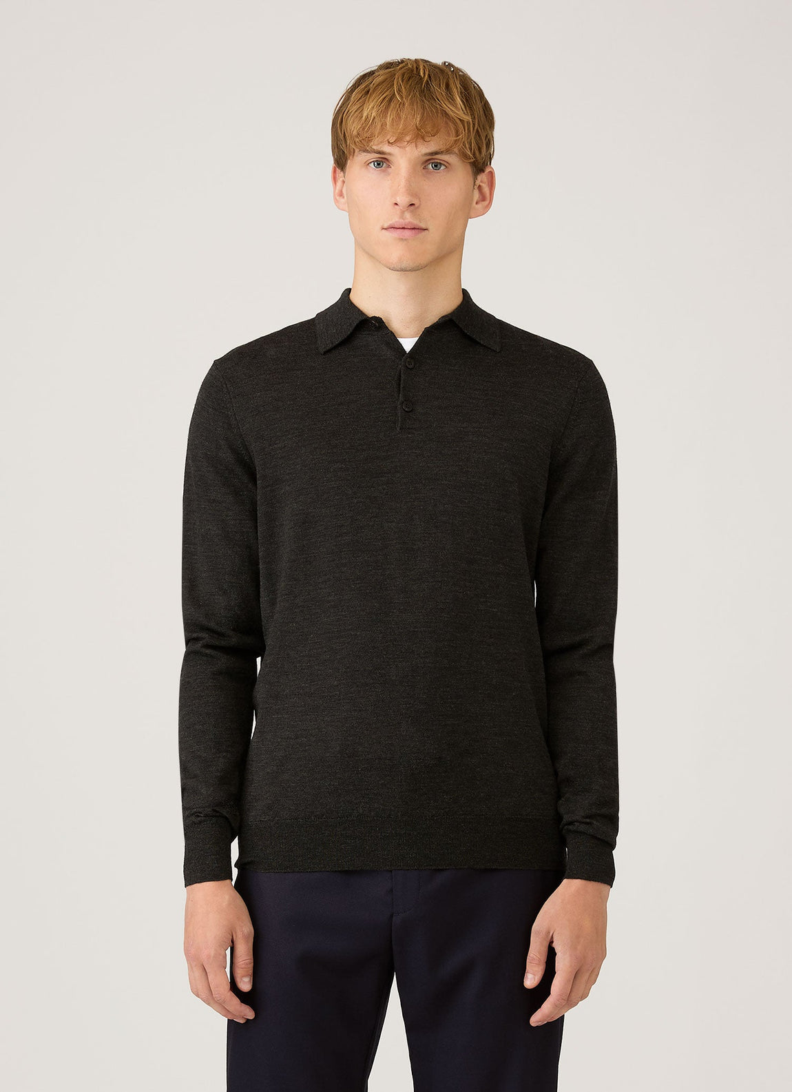 Men's Extra-Fine Merino Knitted Polo Shirt in Charcoal Melange