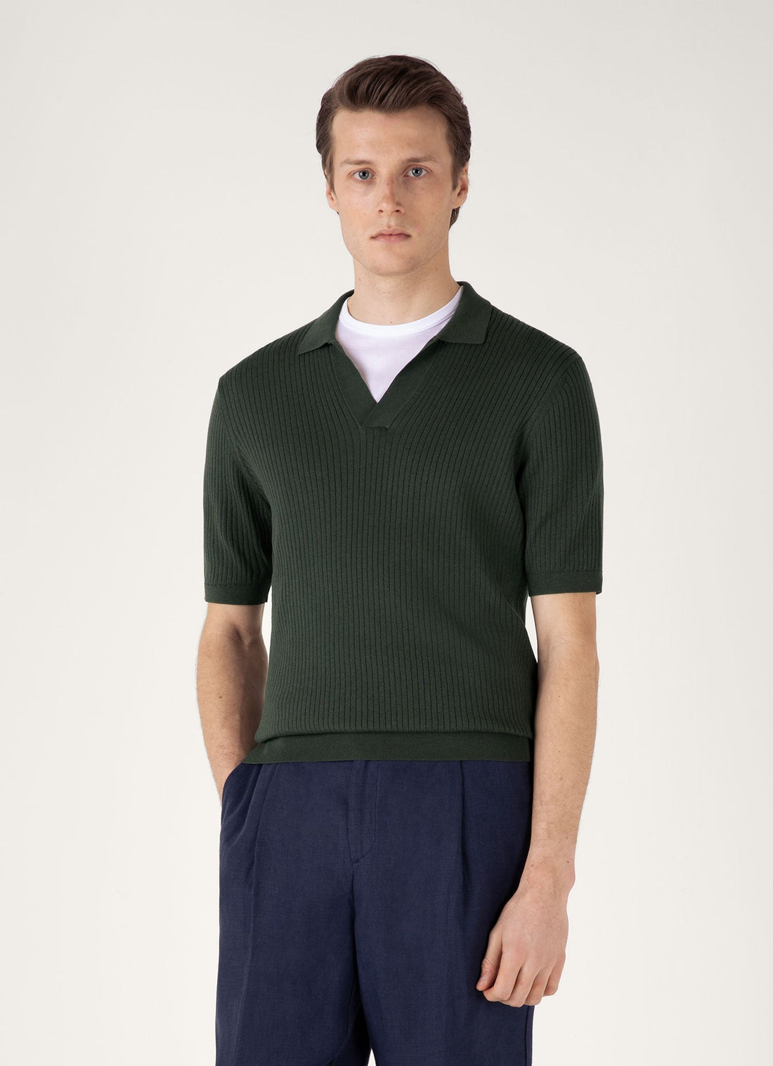 Men's Fine Rib Silk Cotton Polo in Dusk Green