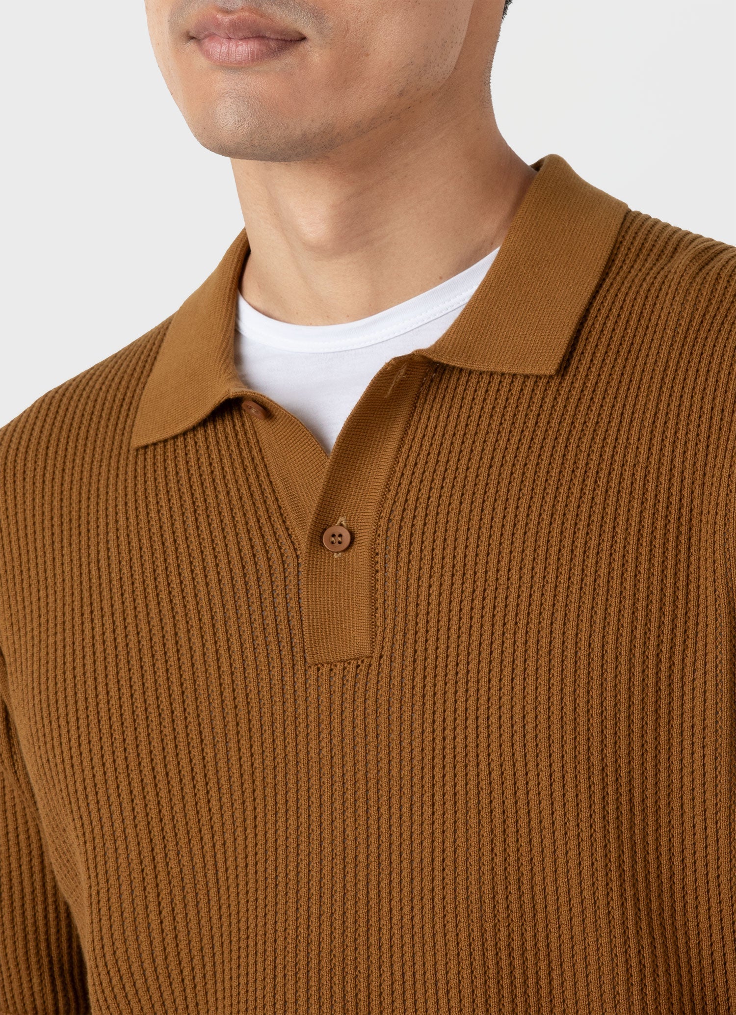 Men's Linear Mesh Knit Polo Shirt in Golden Brown