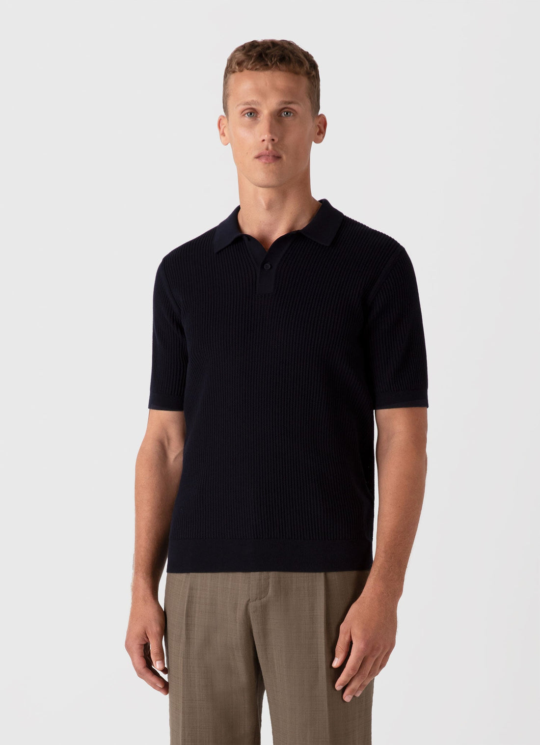 Men's Linear Mesh Knit Polo Shirt in Navy