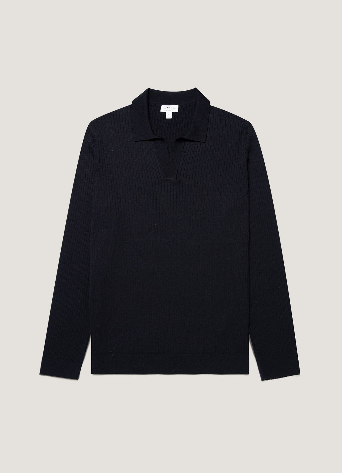 Men's Long Sleeve Fine Rib Silk Cotton Polo in Navy