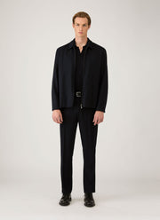 Men's Long Sleeve Fine Rib Silk Cotton Polo in Navy