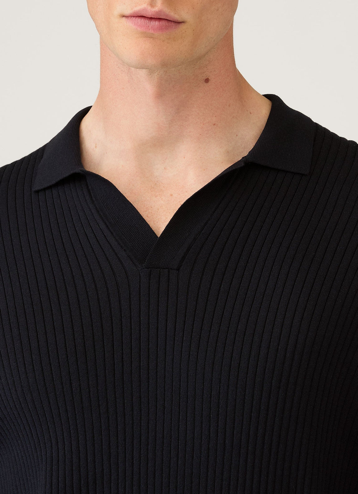 Men's Long Sleeve Fine Rib Silk Cotton Polo in Navy