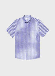 Men's Short Sleeve Linen Shirt in Navy/White