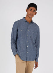Men's Selvedge Chambray Overshirt in Mid Blue Chambray