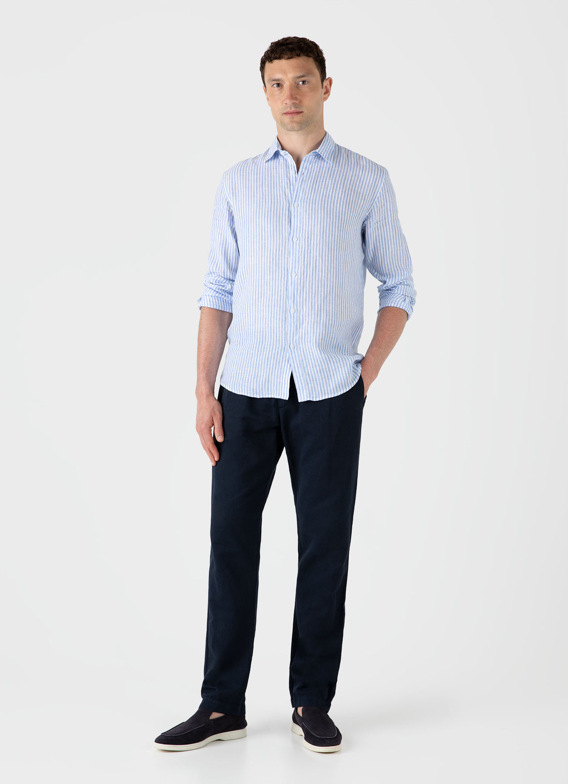 Men's Linen Shirt in Mid Blue/White