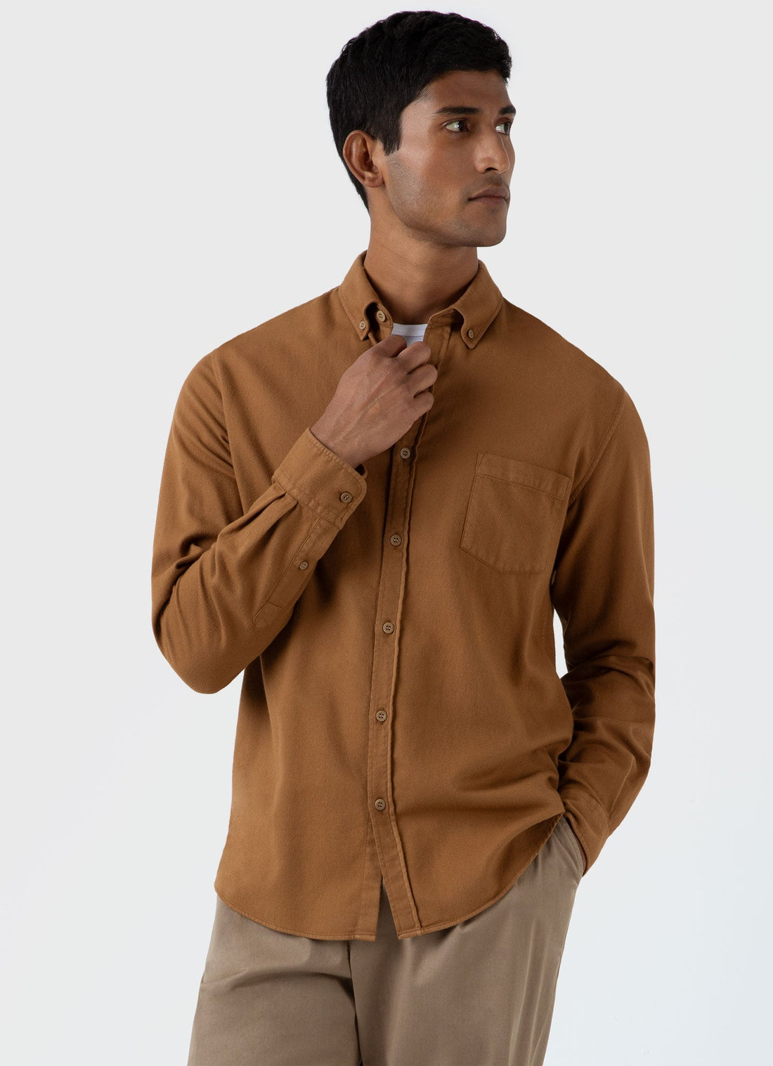 Men's Button Down Flannel Shirt in Dark Camel