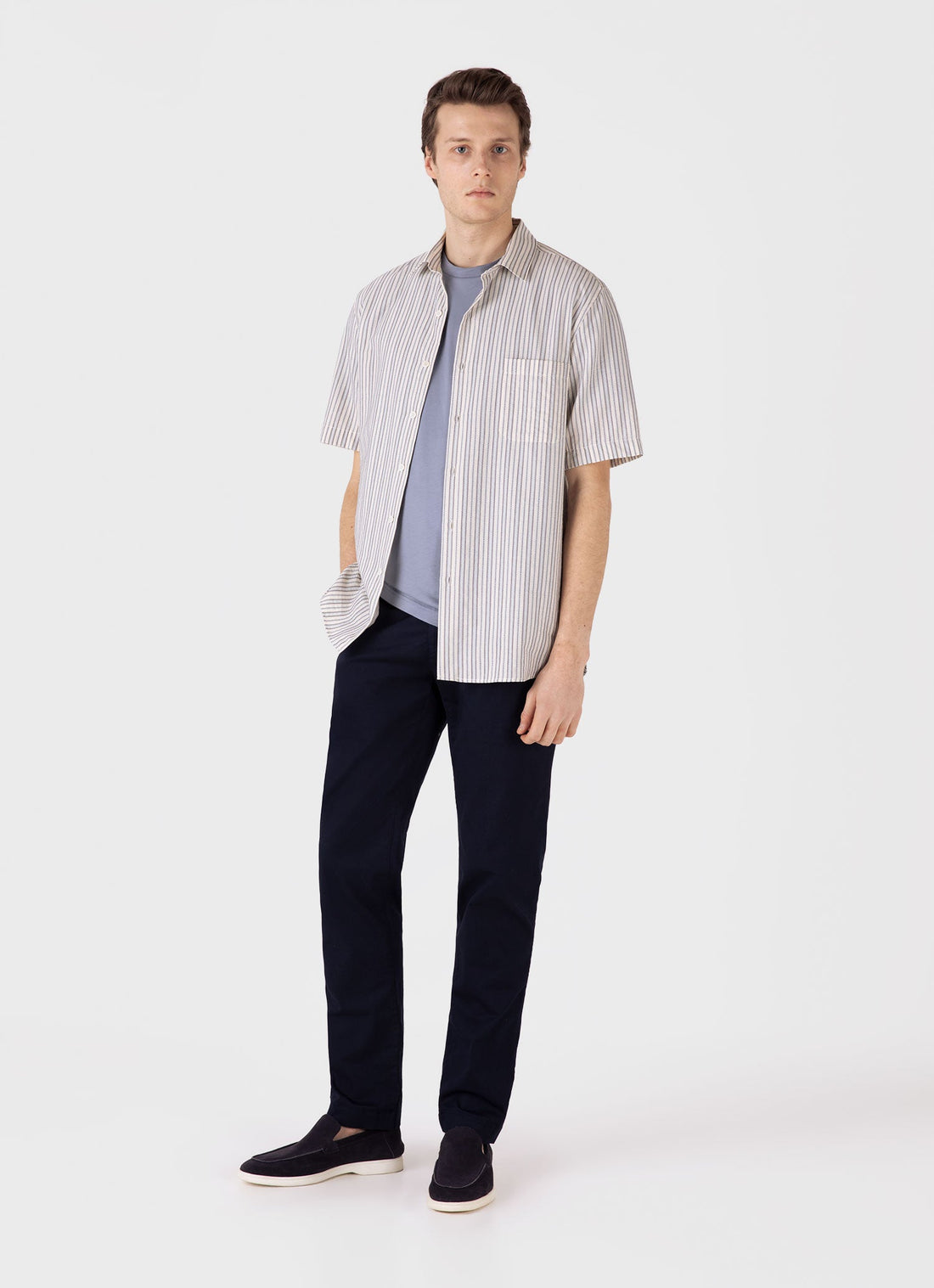 Men's Short Sleeve Vintage Stripe Shirt in Soft Denim/Ecru