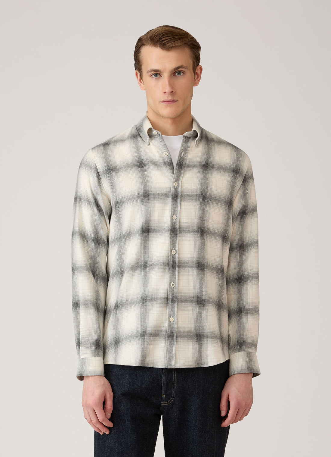 Men's Button Down Flannel Shirt in Ecru Melton Check