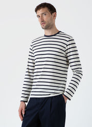 Men's Long Sleeve Classic T-shirt in Ecru/Navy Breton Stripe