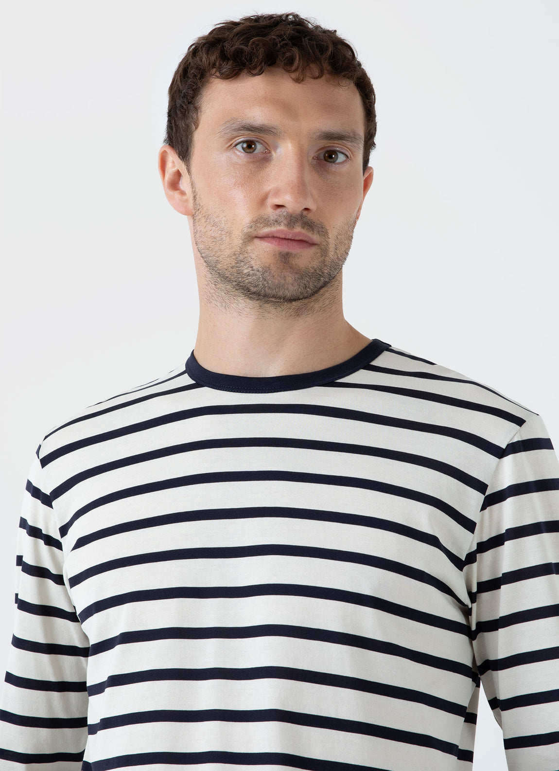 Men's Long Sleeve Classic T-shirt in Ecru/Navy Breton Stripe