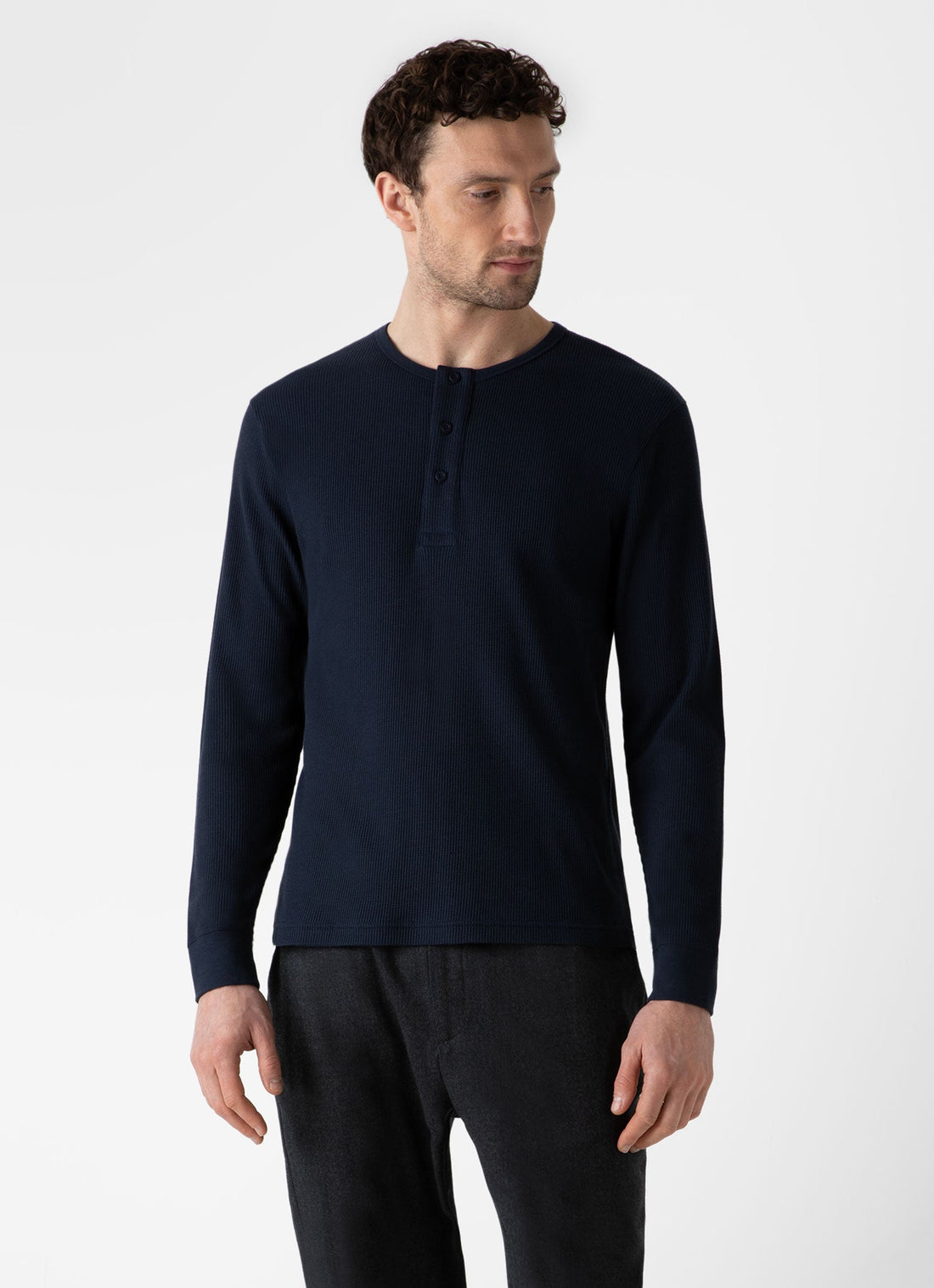 Men's Long Sleeve Waffle Henley in Navy