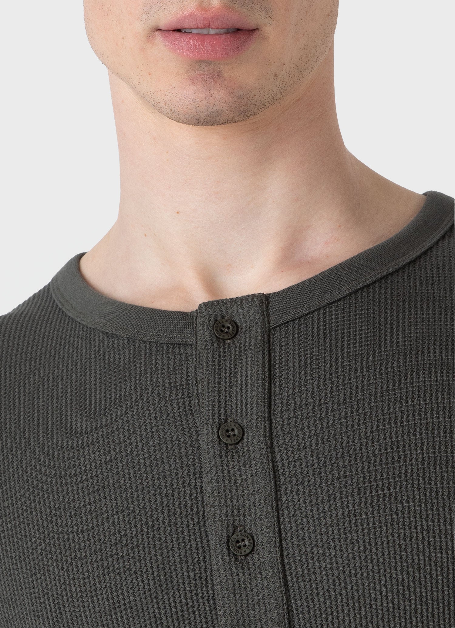 Men's Long Sleeve Waffle Henley in Drill Green