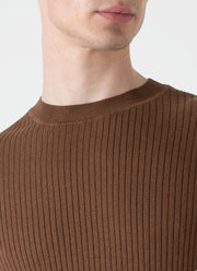 Men's Fine Rib Silk Cotton T-shirt in Dark Sand