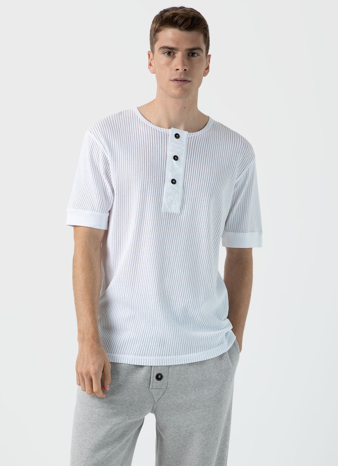 Men's Sunspel x Nigel Cabourn Mesh Henley in White