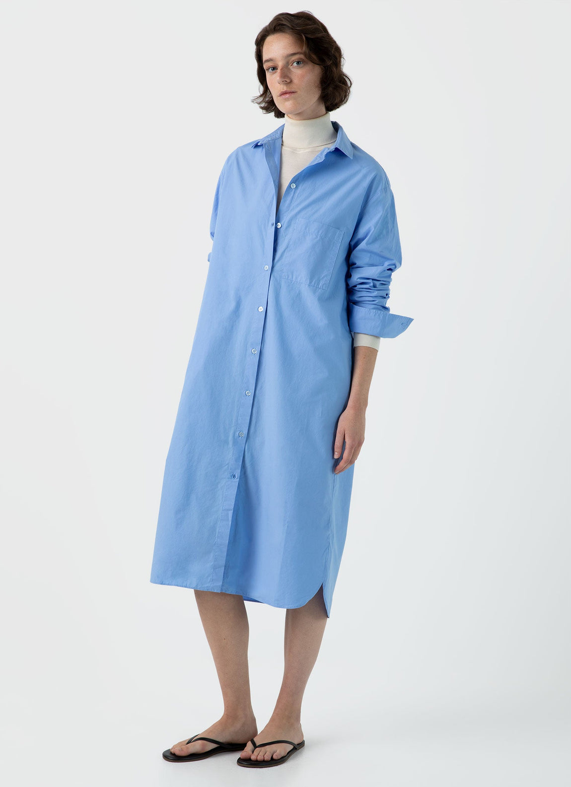 Women's Cotton Poplin Shirt Dress in Mid Blue