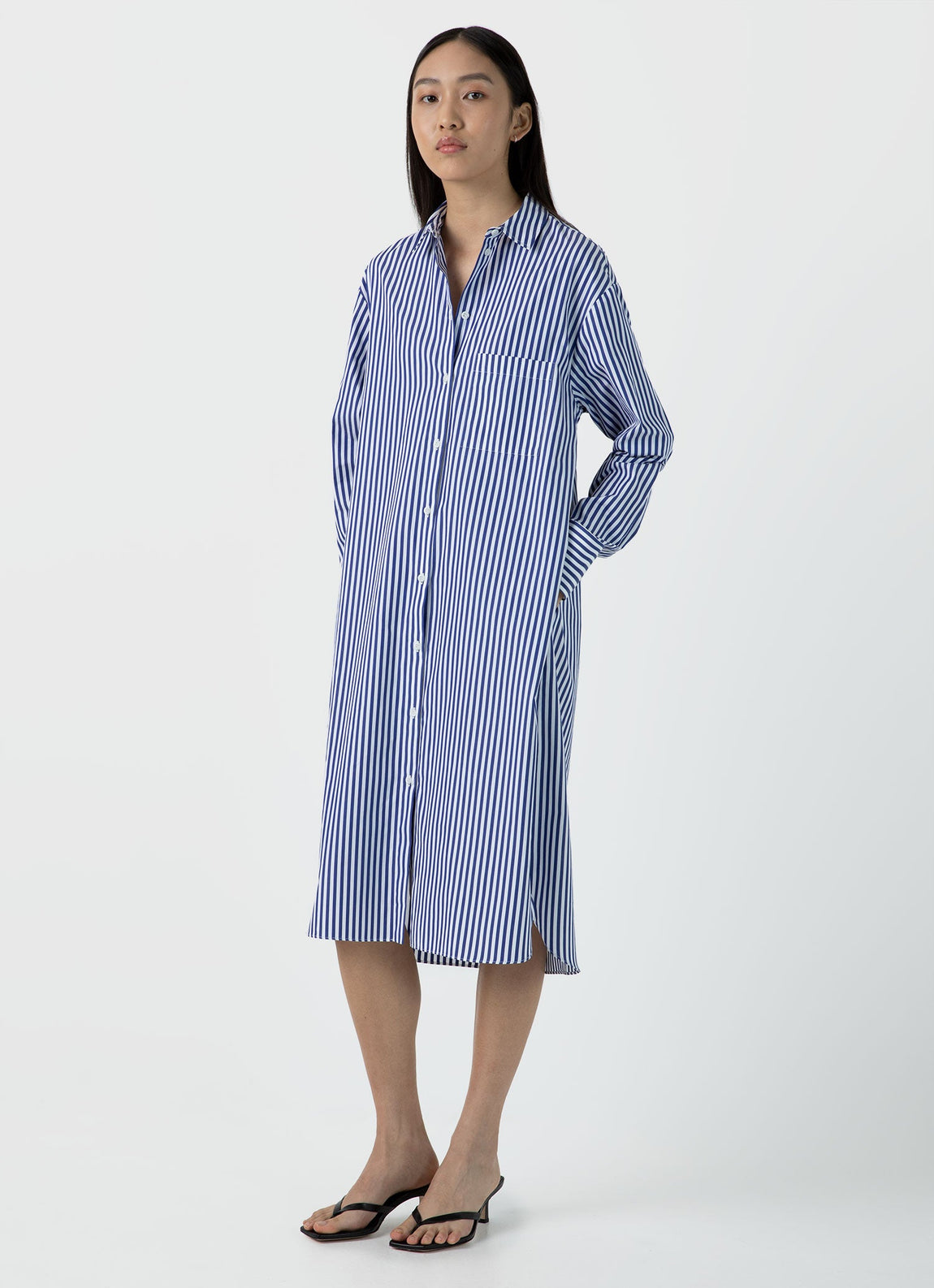 Women's Cotton Poplin Shirt Dress in Bright Blue/White