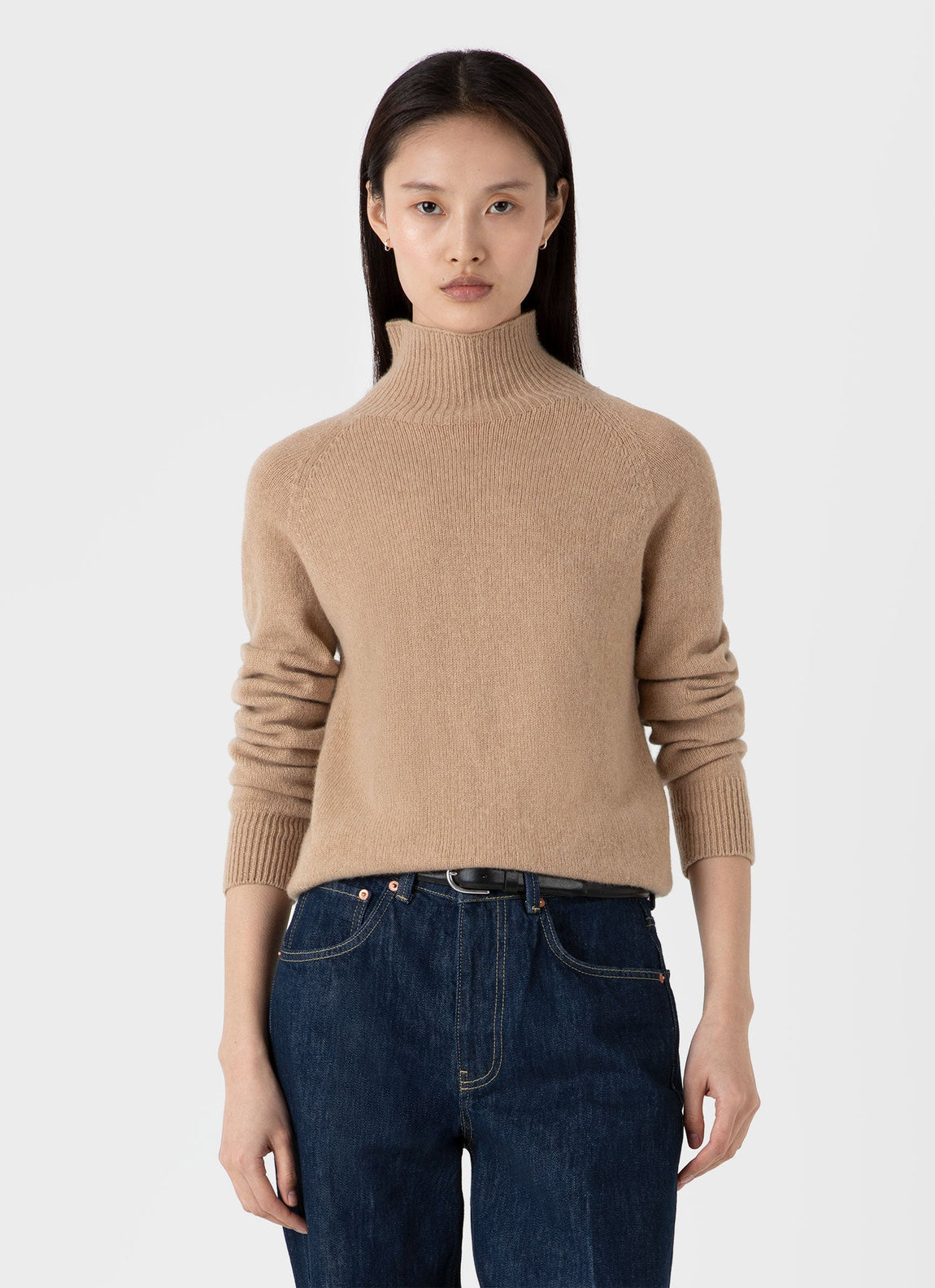 Women's Lambswool Funnel Neck Jumper in Light Camel