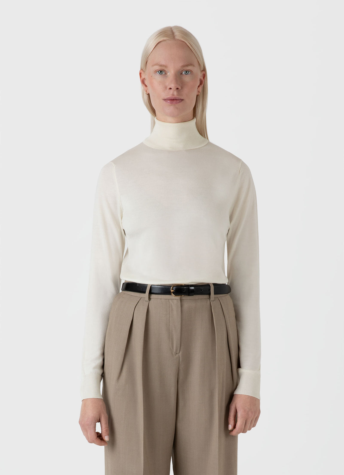 Women's Merino Silk Roll Neck Jumper in Ecru