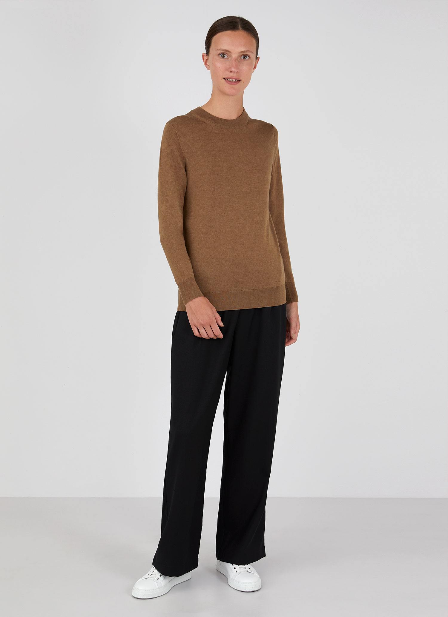 Women's Merino Silk Crew Neck jumper in Dark Tan