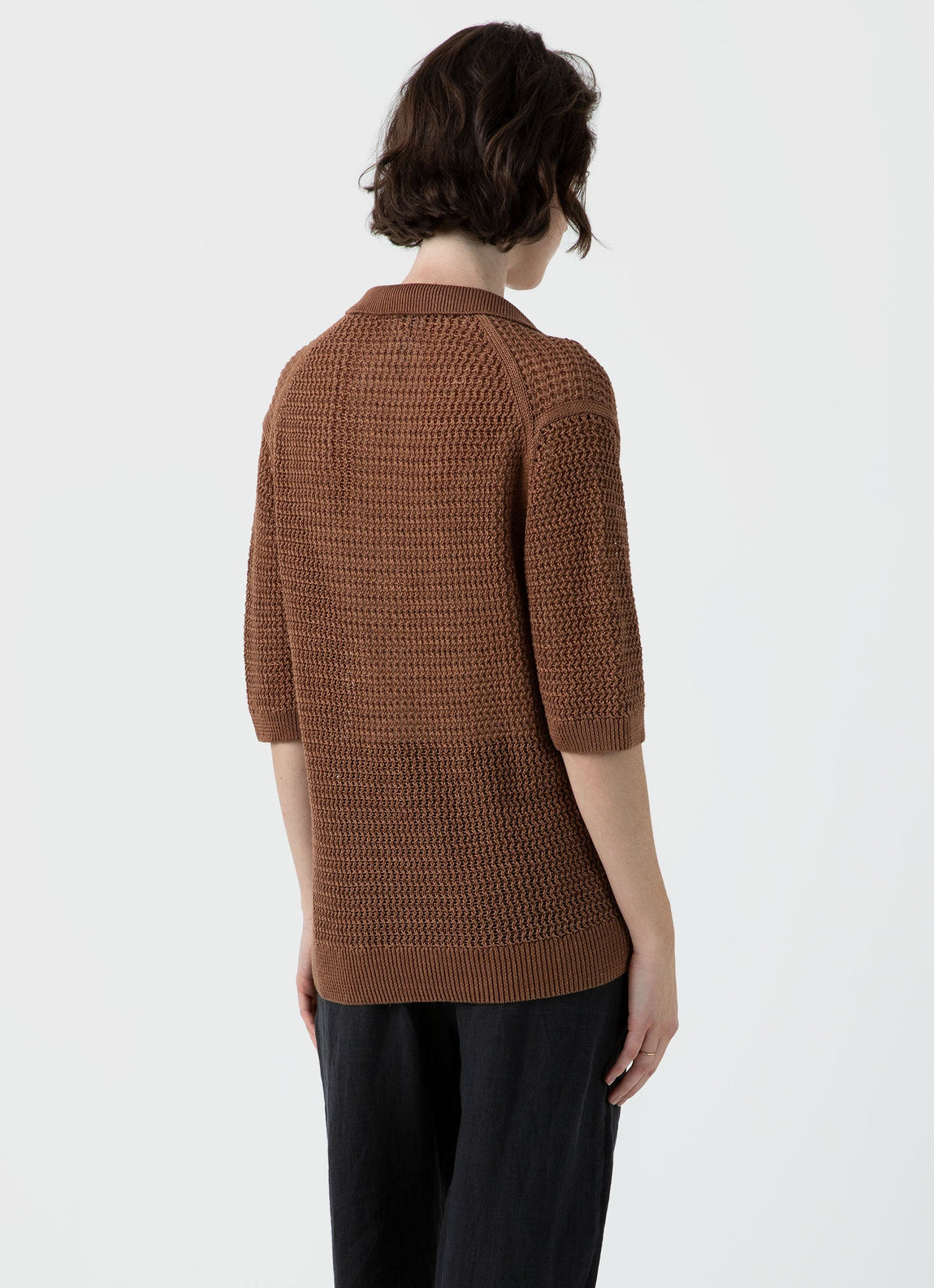 Women's Linen Mesh Polo Shirt in Brown
