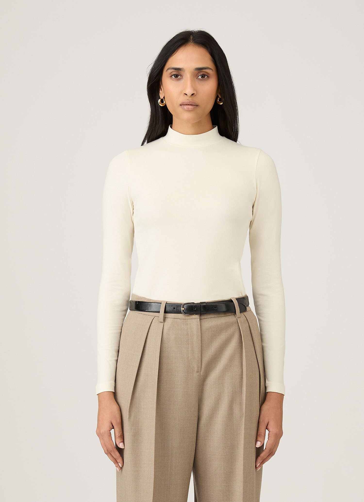 Women's Stretch Cotton Mock Neck Top in Ecru