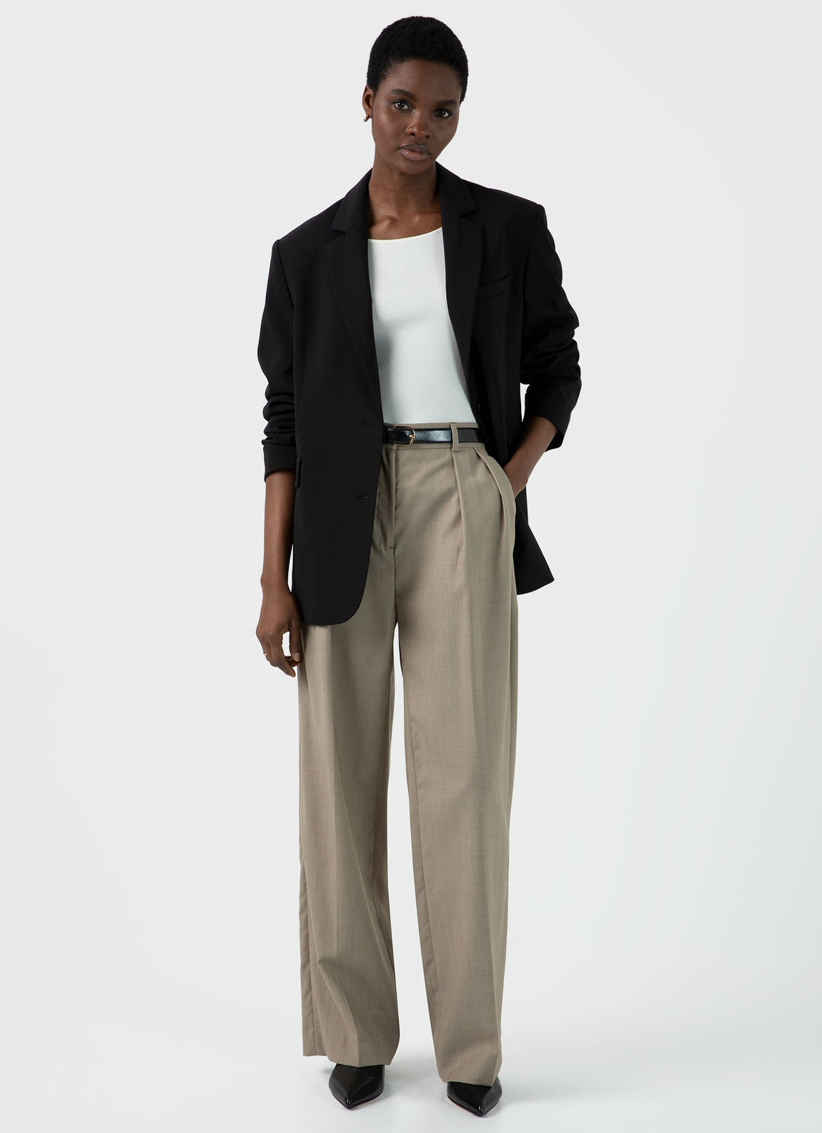 Women's Pleated Wool Twill Trouser in Dark Stone