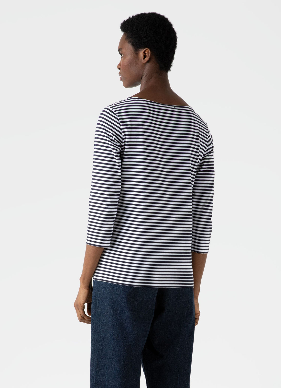 Women's Boat Neck T-shirt in White/Navy English Stripe