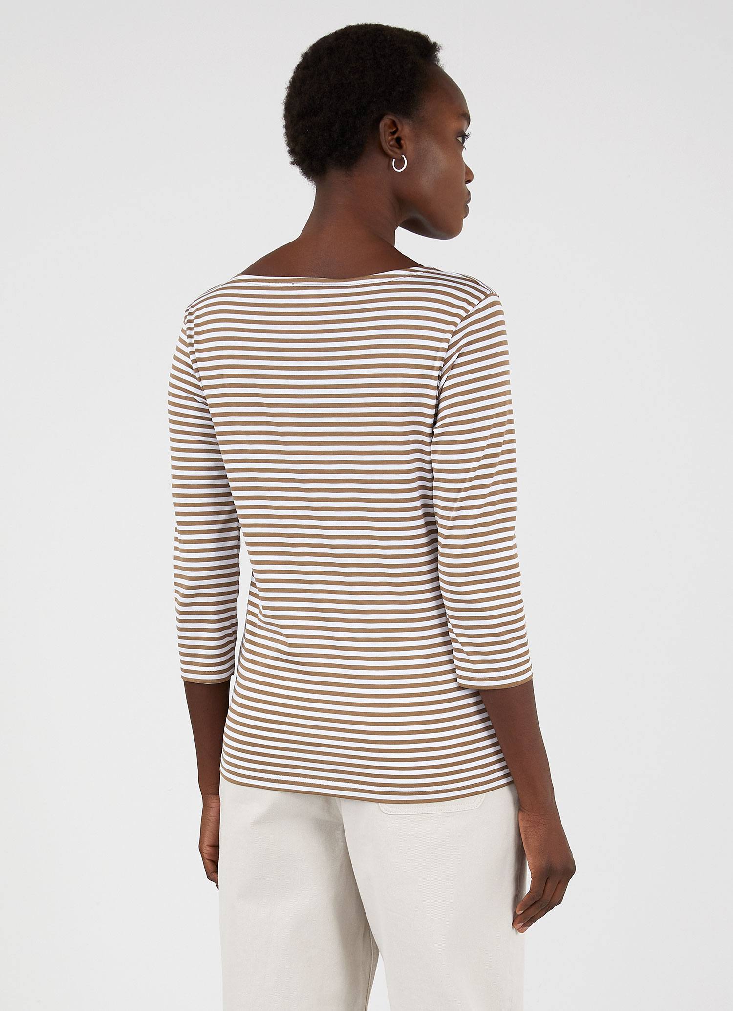 Women's Boat Neck T-shirt in Dark Tan/White English Stripe