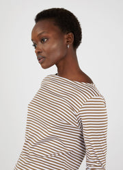 Women's Boat Neck T-shirt in Dark Tan/White English Stripe