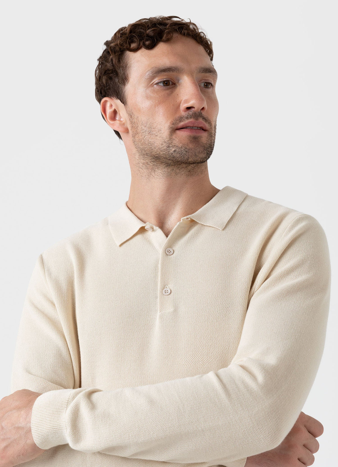 Men's Knit Long Sleeve Polo Shirt in Ecru