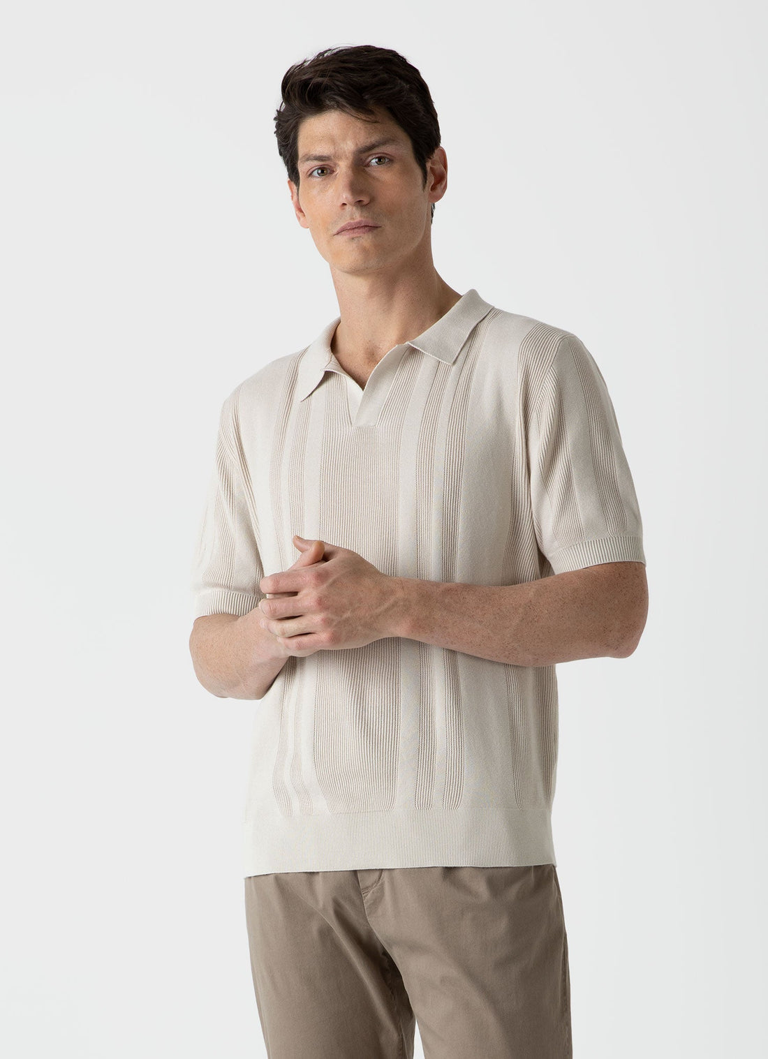 Men's Rib Knit Polo Shirt in Beige