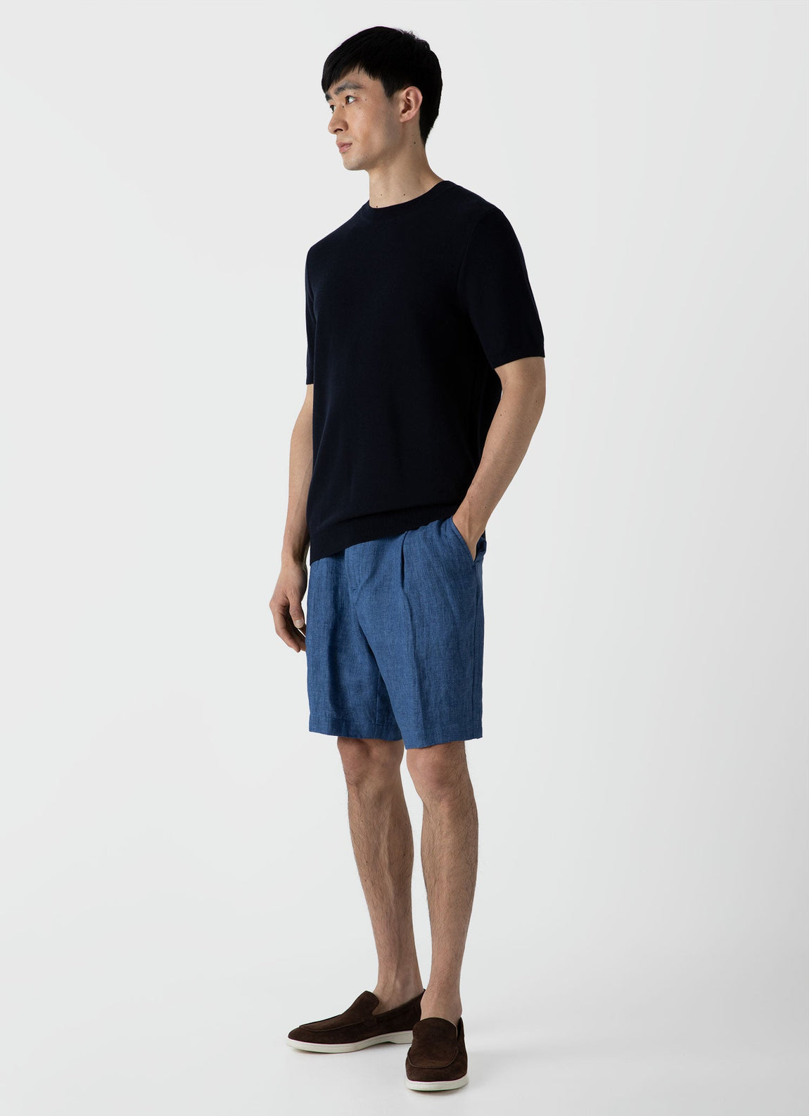 Men's Pleated Linen Short in Blue Melange