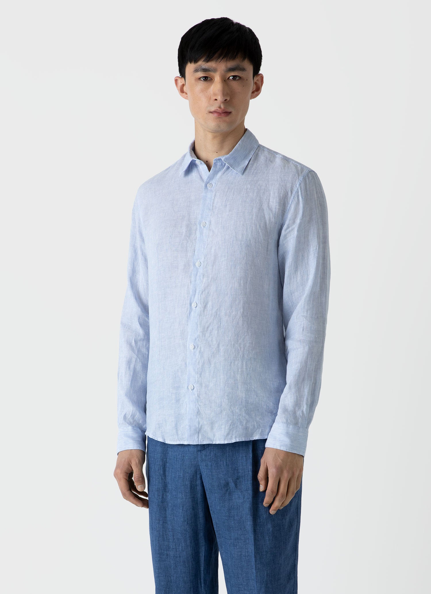 Men's Linen Shirt in Cool Blue Micro Stripe