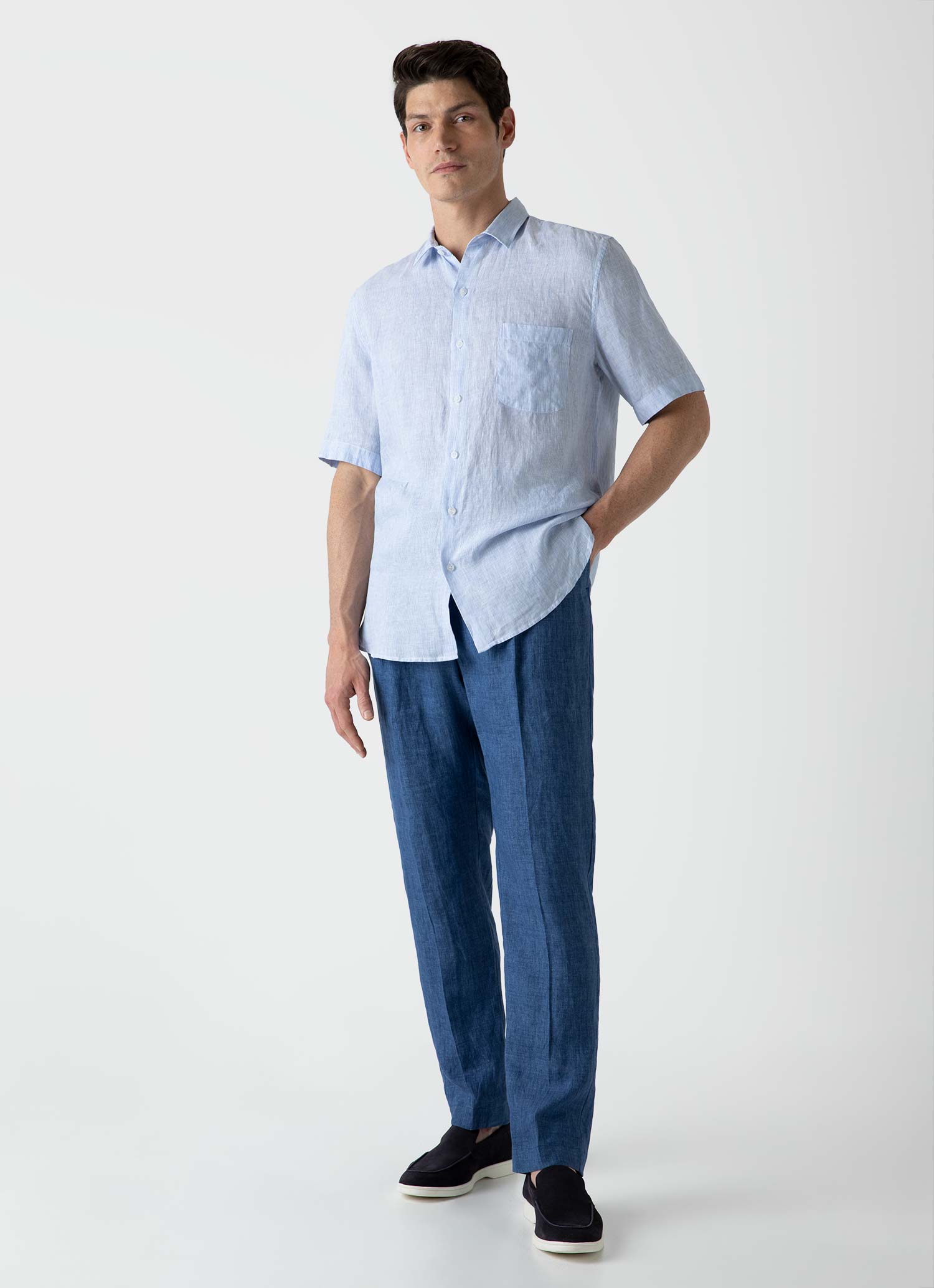 Men's Pleated Linen Trouser in Blue Melange