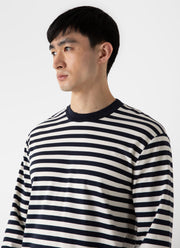 Men's Brushed Cotton Long Sleeve T-shirt in Navy/Ecru Block Stripe