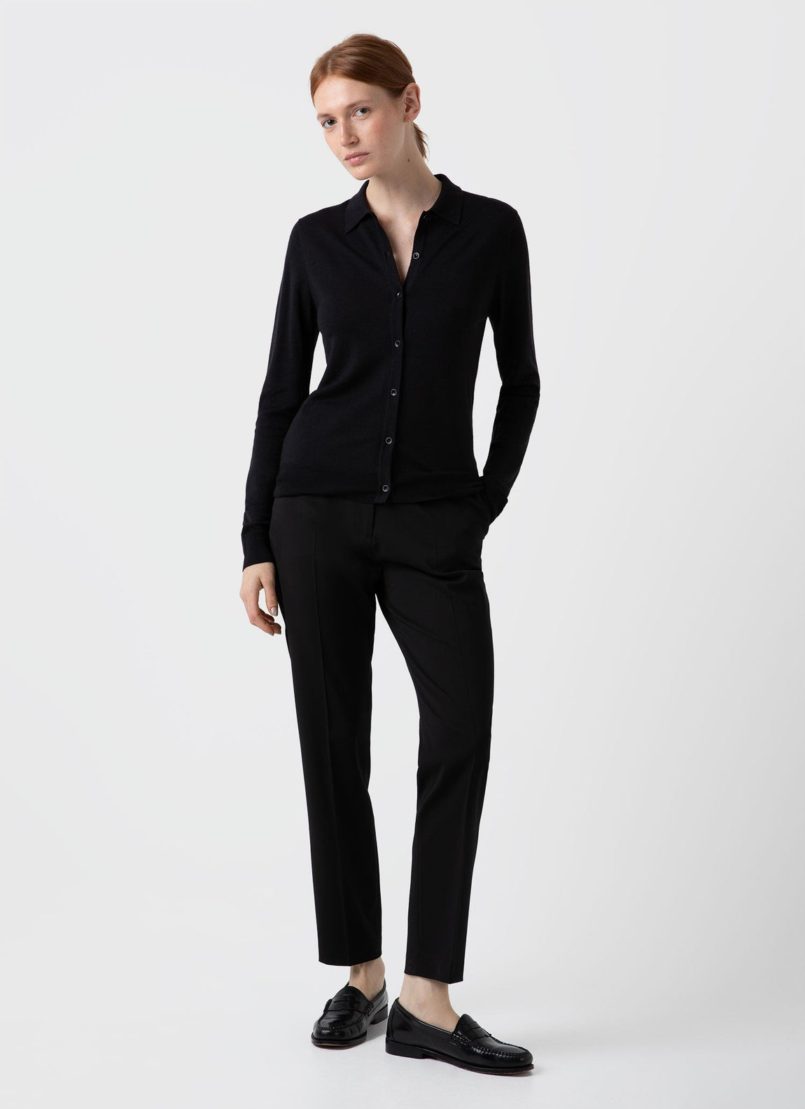 Women's Merino Silk Collar Cardigan in Black