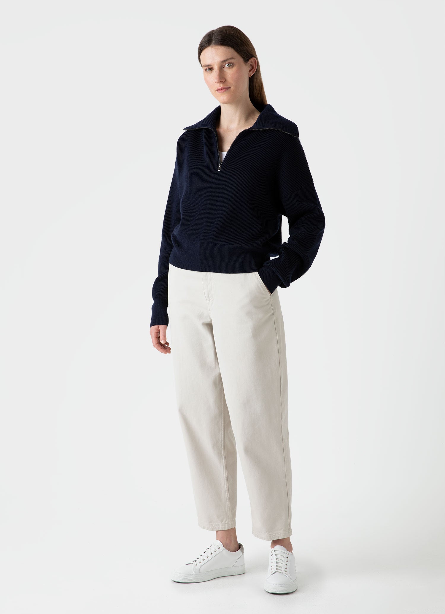 Women s Ribbed Half Zip Jumper in Navy Sunspel