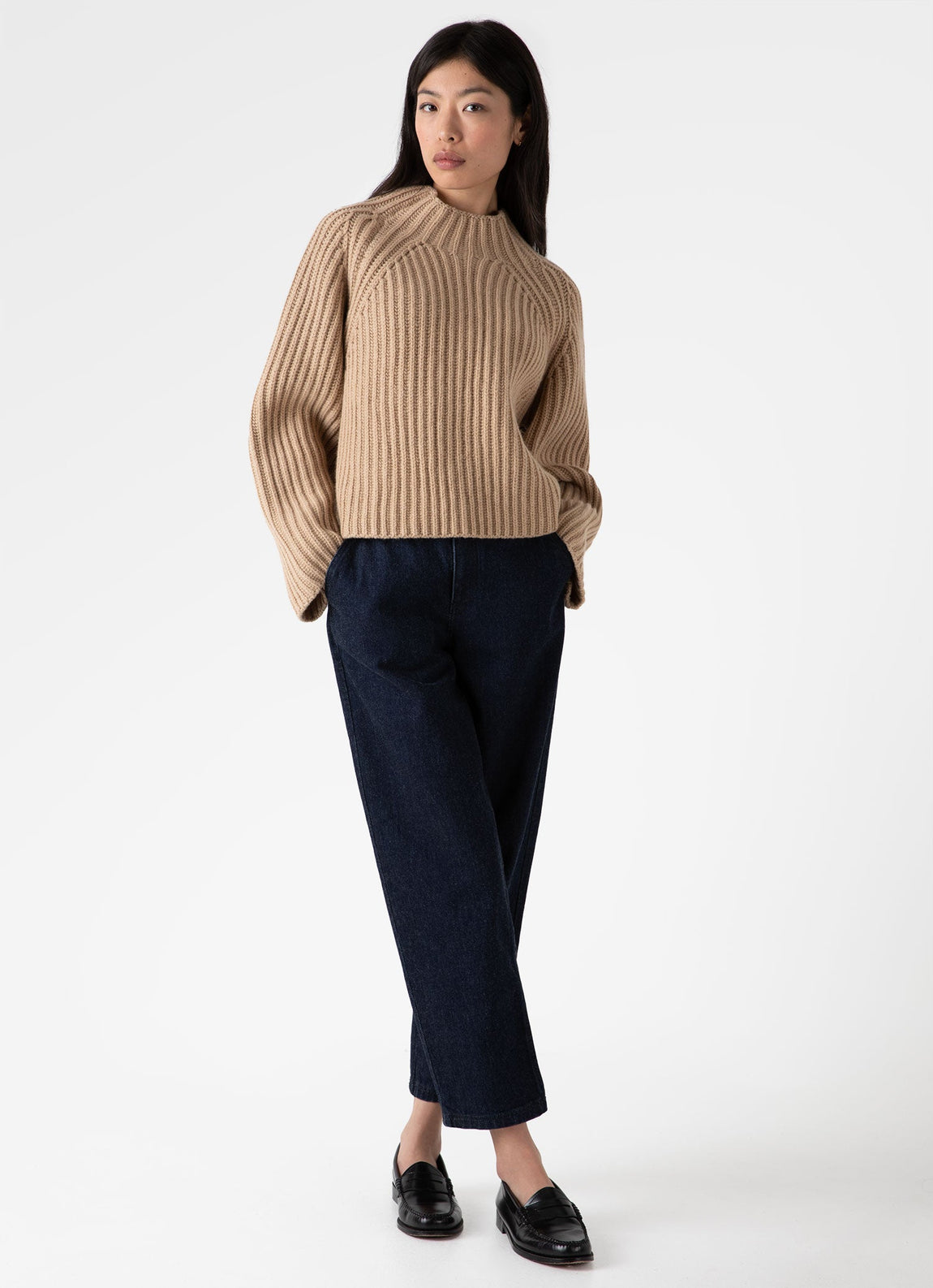 Women's Lambswool Chunky Funnel Neck Jumper in Light Camel