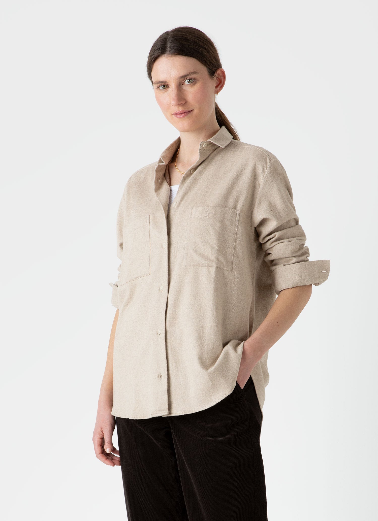 Women s Oversized Flannel Shirt in Oatmeal Melange Sunspel