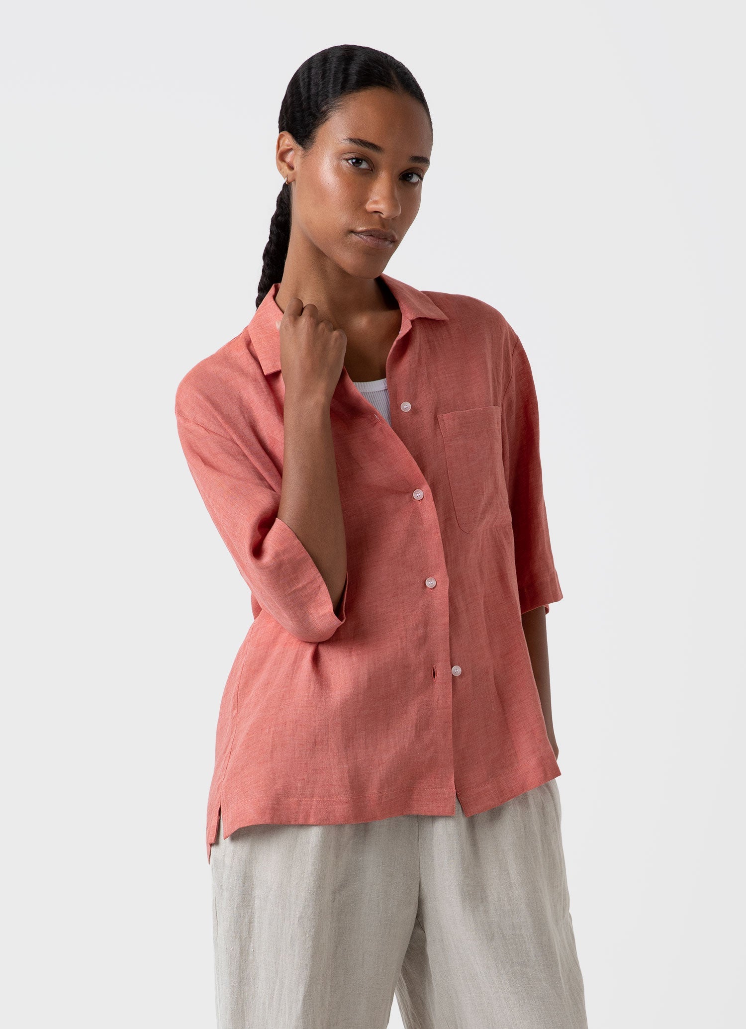 Women's Short Sleeve Linen Shirt in Burnt Sienna