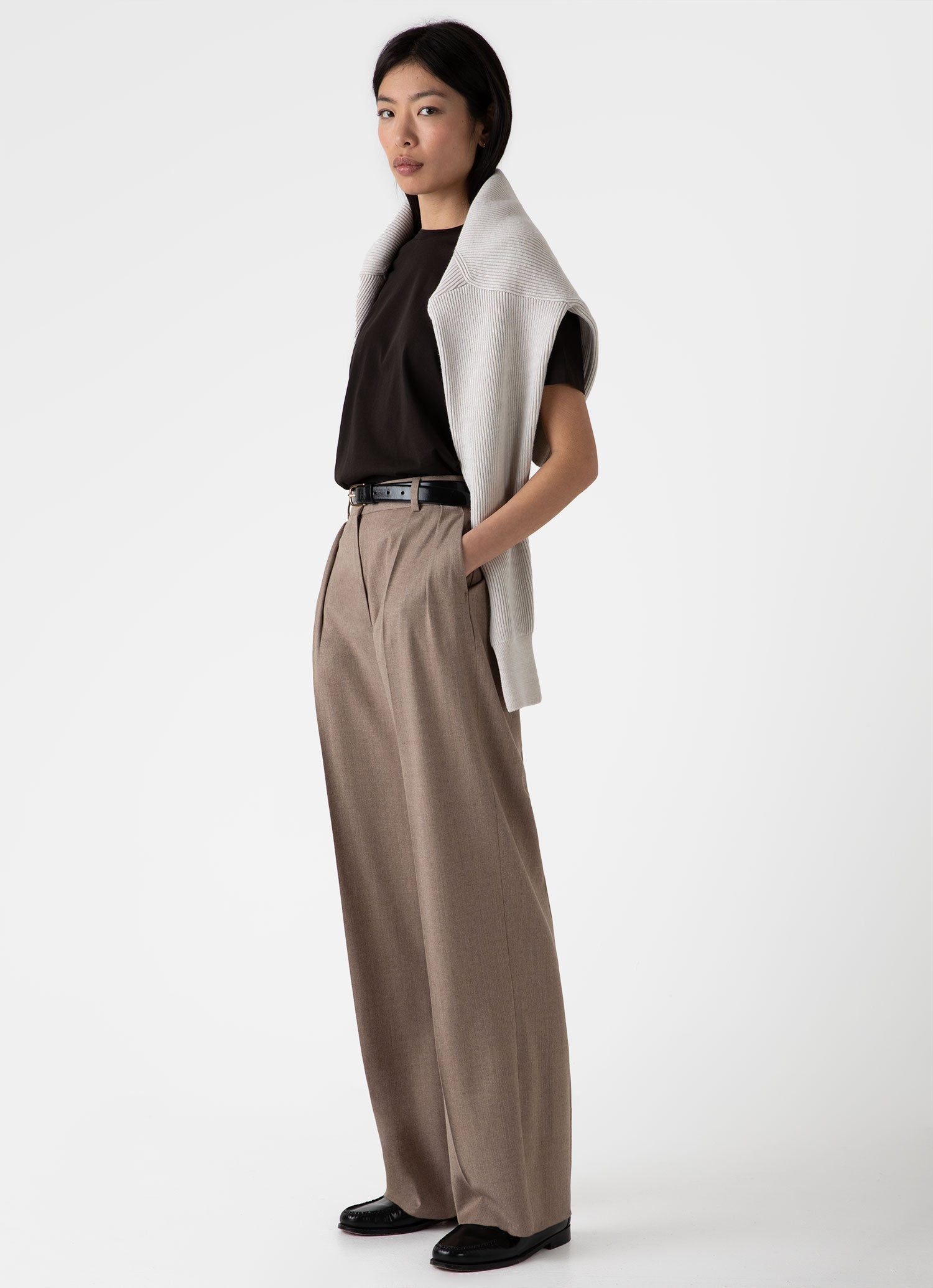 Wool Wide-Leg Pleated Flannel Trousers